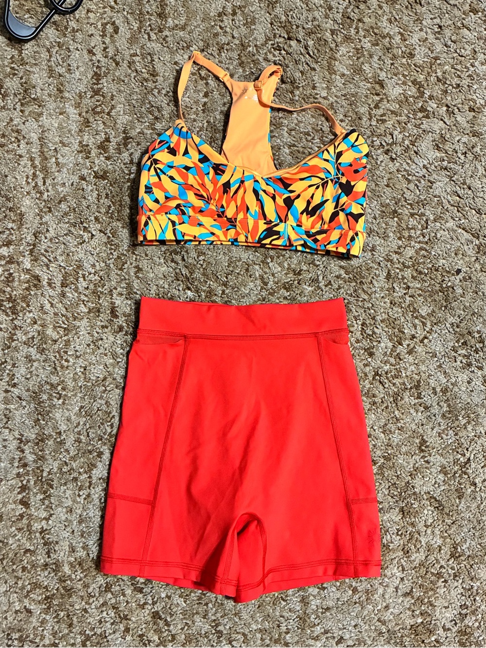 aerie Multicolor Leaf-Print Sports Bra & Red Bike Shorts